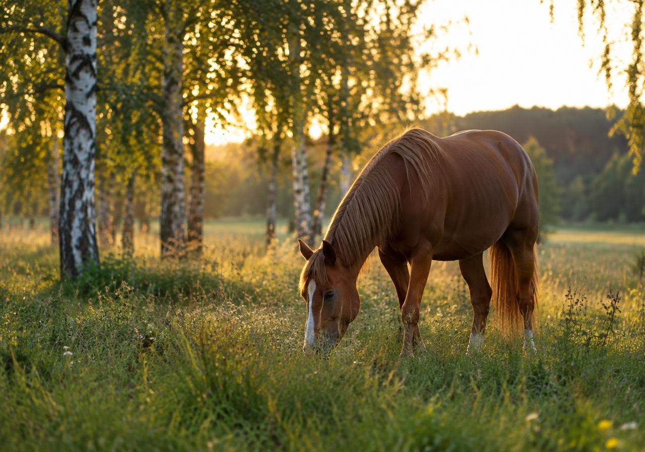 Häst som betar i en sommaräng